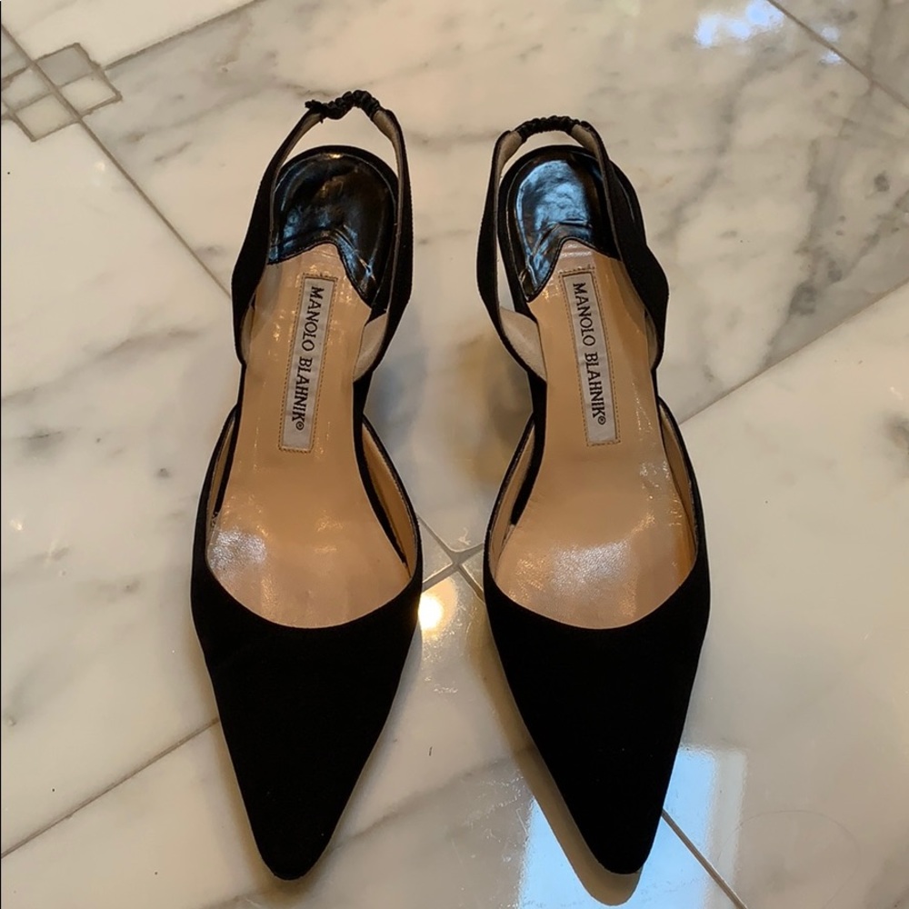 Manolo Blahnik Black Peau de Soie evening shoes.